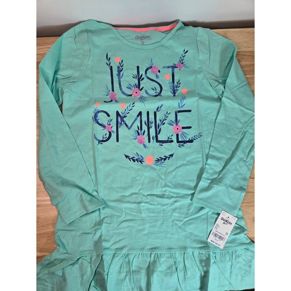 OshKosh B'gosh Girls Mint Green Just Smile Ruffle Hem Long Sleeve Shirt Size 12